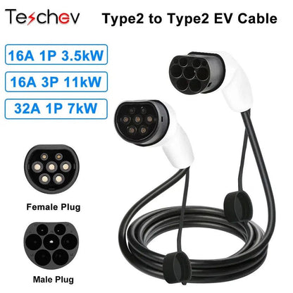 Teschev 16A/32A 11kW Type to Type2 EV Charging Charging Cable IEC 62196-2 Charger For PHEV Electric Vehicles In Public Station